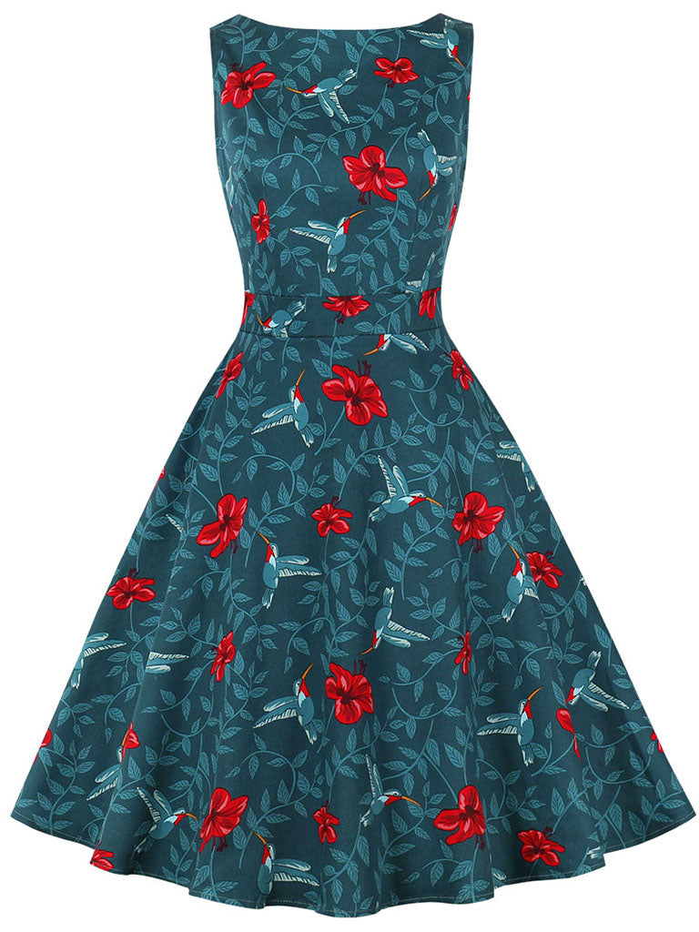 Blue Bird Print 1950S Vintage Swing Dress With Pockets