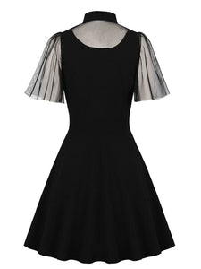 Black Tailored Collar Semi-sheer Short Sleeve Dress