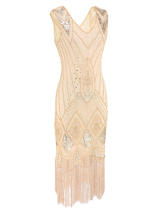 Red 1920s V Neck Sequined Flapper Dress