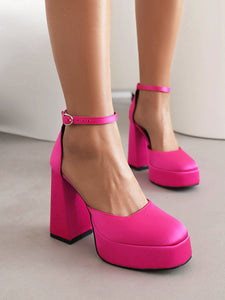 12CM High Heel Fuchsia Square-Toe Platform Mary Jane Pump