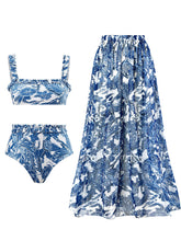 Load image into Gallery viewer, Blue Floral Print Retro Style Strap Bikini Two Piece With Bathing Suit Swing Skirt