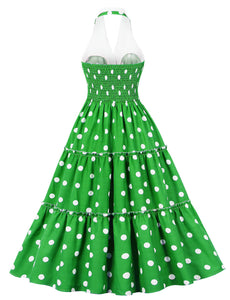 Green Polka Dots Halter Elastic Back High Waist 1950 Vintage Dress