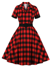 Load image into Gallery viewer, Red Plaid Turn Collar Cotton Vintage 1950S Dress With Belt