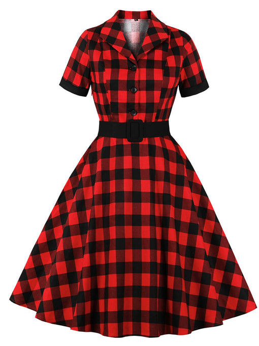 Red Plaid Turn Collar Cotton Vintage 1950S Dress With Belt