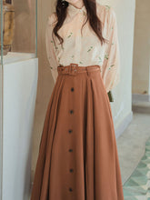 Load image into Gallery viewer, 2PS 1950S White Flower Embroidered Long Sleeve Shirt And Brown Swing Skirt Suit