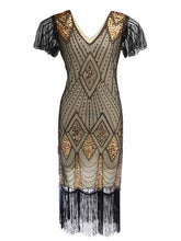 Load image into Gallery viewer, Navy 1920s V Neck Sequined Flapper Dress