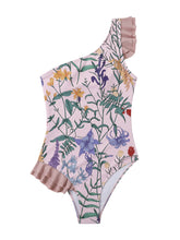 Load image into Gallery viewer, Pink Floral Print Retro Style Ruffles One Piece With Bathing Suit Wrap Skirt
