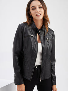 Pink Long Sleeve PU Leather Motorcycle Jacket For Women