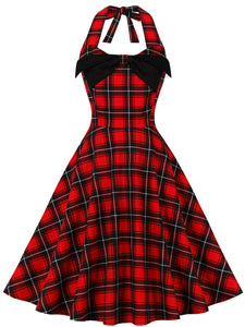 Plaid Off the Shoulder High Waist Halter 1950 Dress