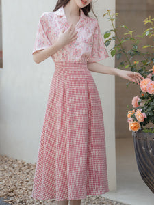 2PS Pink Floral Print Shirt And Plaid Swing Skirt Dress Set