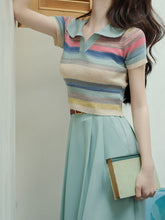 Load image into Gallery viewer, 2PS Green Stripe Knitted Lapel Shirt And Swing Skirt Dress Set