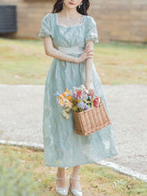 Load image into Gallery viewer, Green Square Collar Puff Sleeve Summer 1950S Flower Vintage Dress