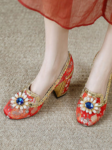 10CM Luxury Pearls And Diamonds Chunky Heels Retro Shoes
