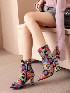 7CM Luxury Embroidered Chunky High Heel Platform Bootie Vintage Shoes