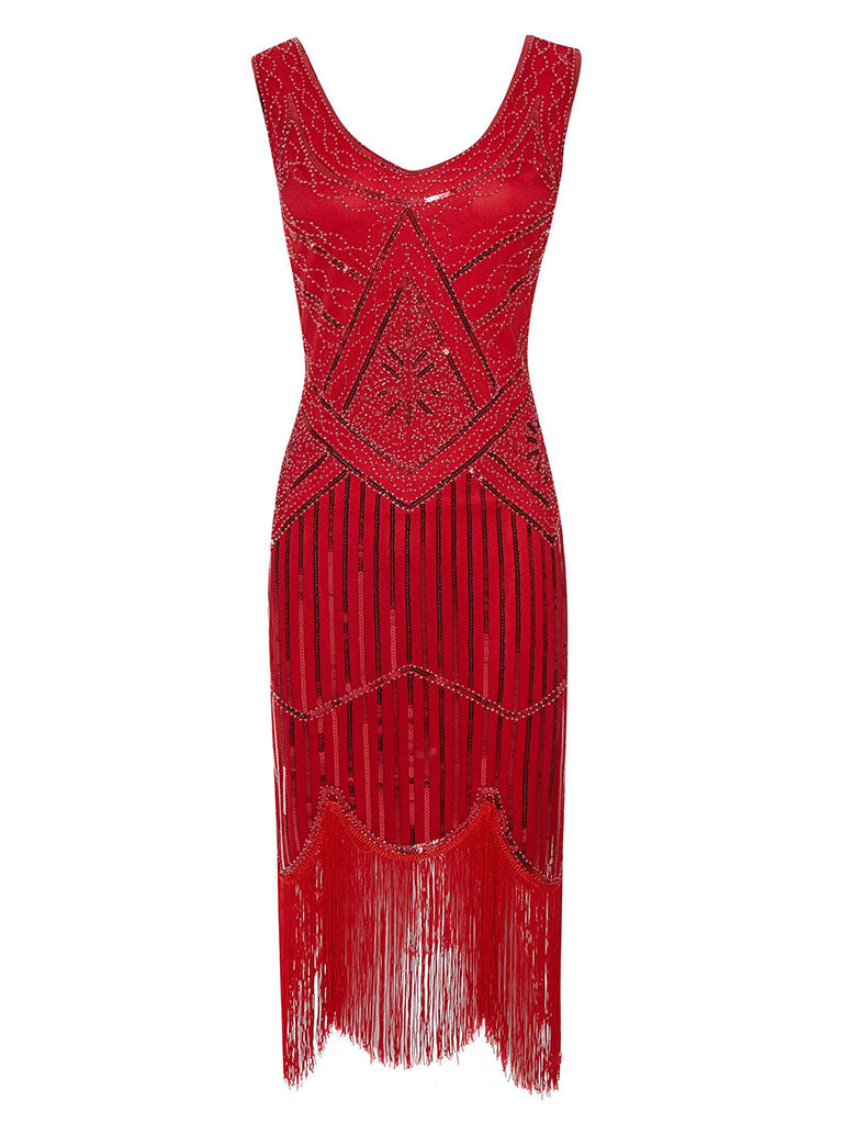 4 Colors 1920s V Neck Sequined Flapper Dress, Red / 2XL