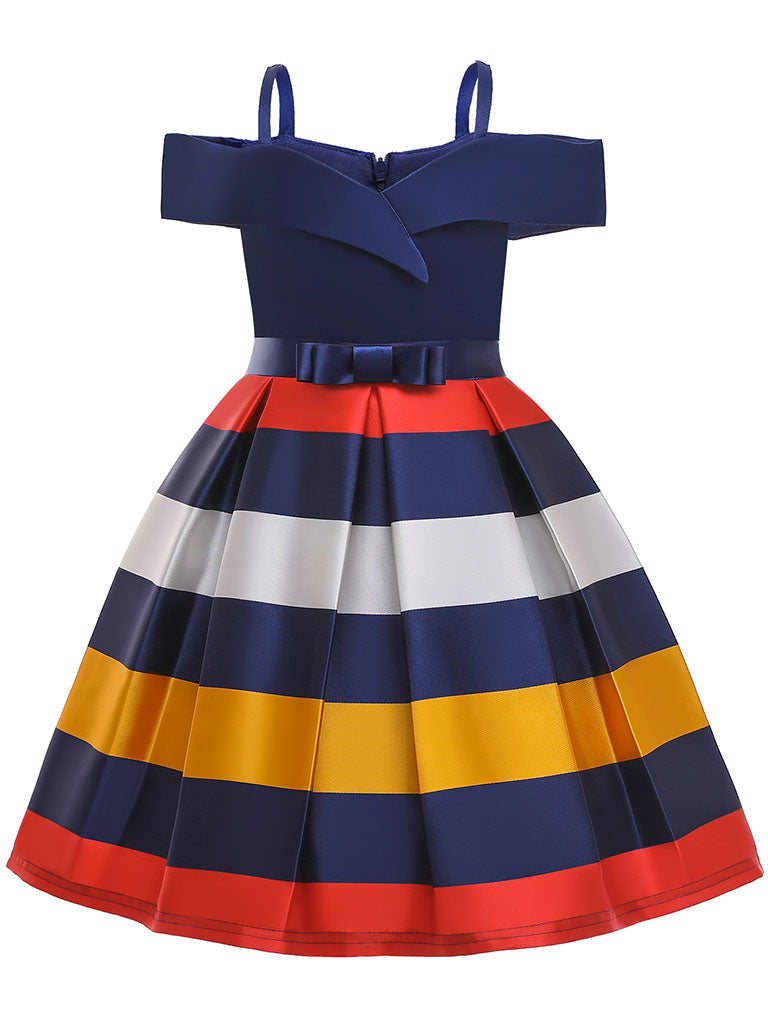 Kids Little Girls' Dress Stripe Off Shoulder Party Birthday Christening Dress