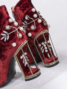 9CM Luxury Pearls And Diamonds Flowers Chunky High Heel Bootie Vintage Shoes