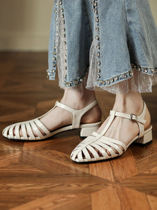 Women's Flats Sandals Pointed Toe Hollow Belt Leather Vintage Shoes