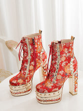 Load image into Gallery viewer, 15CM Luxury Embroidered Chunky High Heel Platform Bootie Vintage Shoes