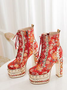 15CM Luxury Embroidered Chunky High Heel Platform Bootie Vintage Shoes