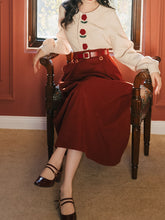 Load image into Gallery viewer, 2PS Rose Embroidered Peter Pan Blouse And Red Swing Skirt Dresss Set