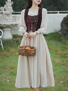 2PS White Long Sleeve Ruffles Cottagecore Dress With Brown Embroidered Vest Suits, Brown / S 2PS White Long Sleeve Ruffles Cottagecore Dress With Brown Embroidered Vest Suits, Brown / S