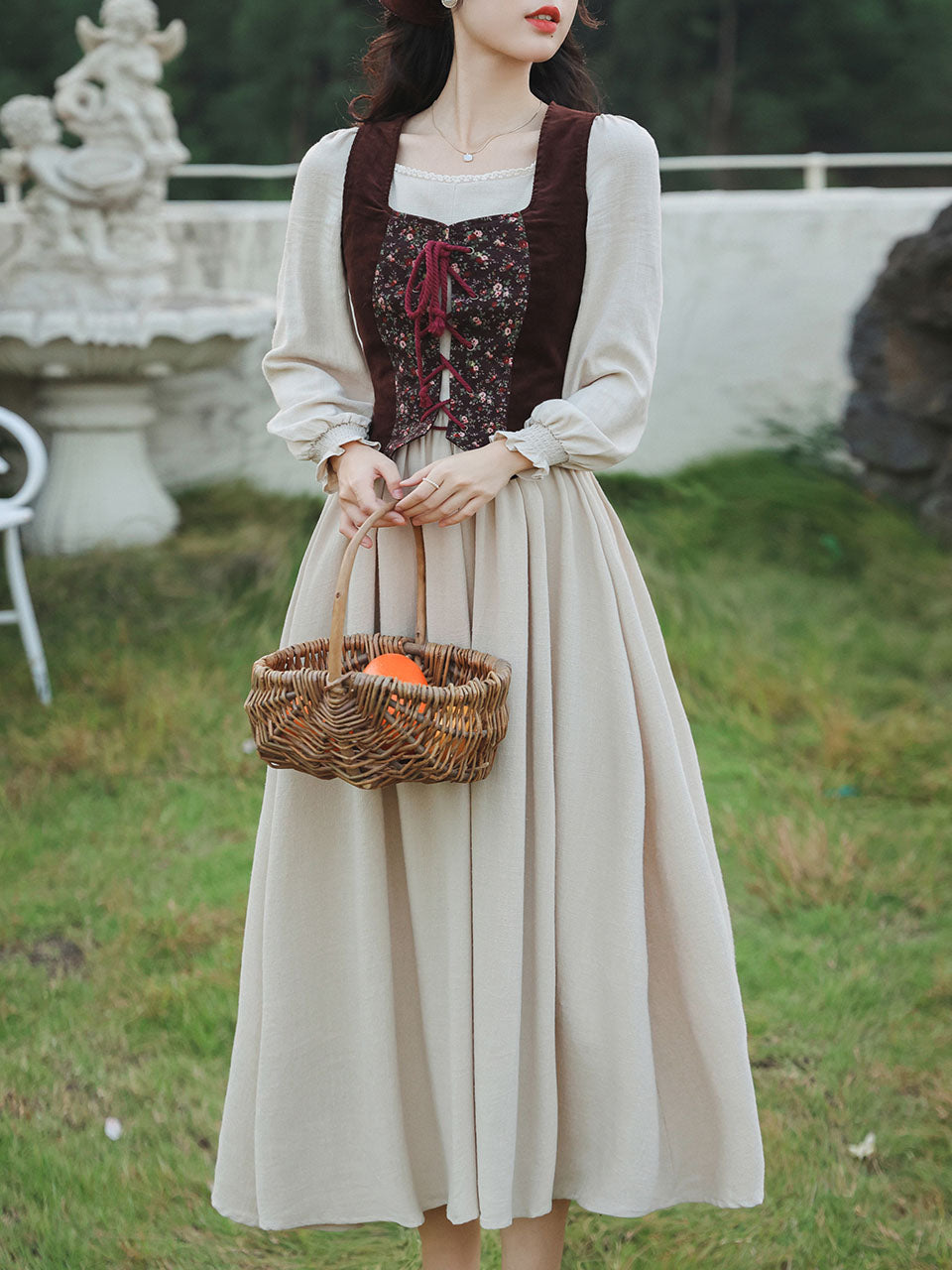2PS White Long Sleeve Ruffles Cottagecore Dress With Brown Embroidered Vest Suits, Brown / M