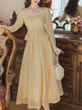 Load image into Gallery viewer, Yellow Square Neck Lace Butt Waist Ruffle 1950S Dress