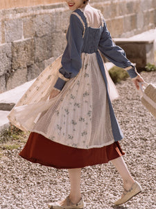 Blue Lace Square Collar Cottagecore Long Sleeve Vintage 1950S Swing Dress