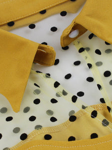 Yellow Turn Down Polka Dots Embroidered Semi-Sheer 1950S Vintage Dress
