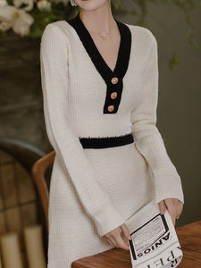 White V Neck Long Sleeve Turtleneck Sweater Swing Dress