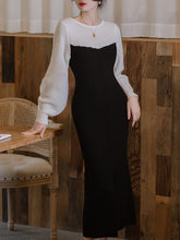 Load image into Gallery viewer, Black and White Split Long Sleeve Retro Knit Sweater Dress