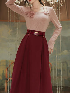 2PS Pink Flower Sweater And Red Pleats Swing Skirt Suit
