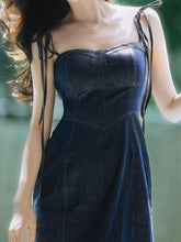 Load image into Gallery viewer, 2PS Denim Spaghetti Strap 1950S Vintage Dress With Red Long Sleeve Coat