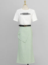 Load image into Gallery viewer, 2PS White 1950S Vintage Classic Tshirt And Green Plaid Mermaid Skirt