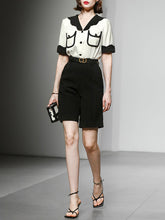 Load image into Gallery viewer, 2PS White Wavy Petal Lapel Straight Short-sleeved Shirt Five-point Shorts Suit