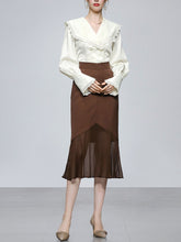 Load image into Gallery viewer, 2PS White Lace Ruffles V Neck Top And Brown Fishtail Skirt Dress Suit