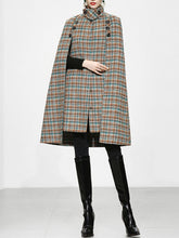 Load image into Gallery viewer, Sweet Brown Plaid Long Sleeve Dress Cape Women&#39;s Coat