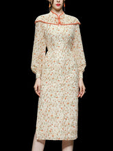 Load image into Gallery viewer, Orange Floral Print Long Sleeve Fishtail Cheongsam Dress