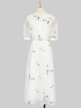 Load image into Gallery viewer, White V Neck Puff Sleeves Embroidered Organza Vintage Dress