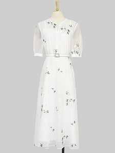 White V Neck Puff Sleeves Embroidered Organza Vintage Dress