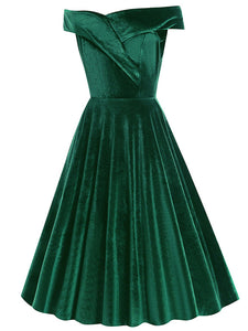 Christmas Green Off Shoulder Velvet 1950S Vintage Swing Dress