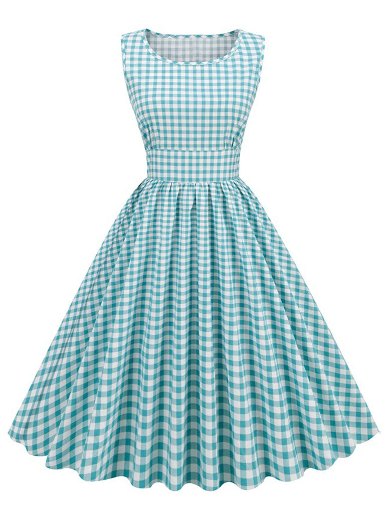 Crew Neck Plaid Salior Collar 1950S Vintage Dress