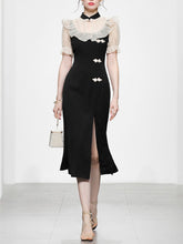 Load image into Gallery viewer, White Semi Sheer Ruffles With Black Fishtail Cheongsam Dress