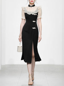 White Semi Sheer Ruffles With Black Fishtail Cheongsam Dress