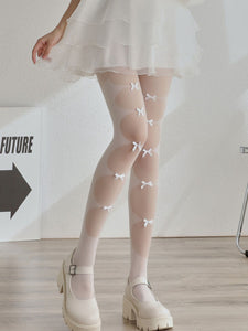 Solid Color White Lace Bow Sheer Thigh High Stockings