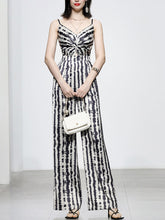 Load image into Gallery viewer, Black And White Animal Print Spaghetti Straps Jumpsuit With Cape