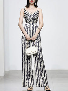 Black And White Animal Print Spaghetti Straps Jumpsuit With Cape