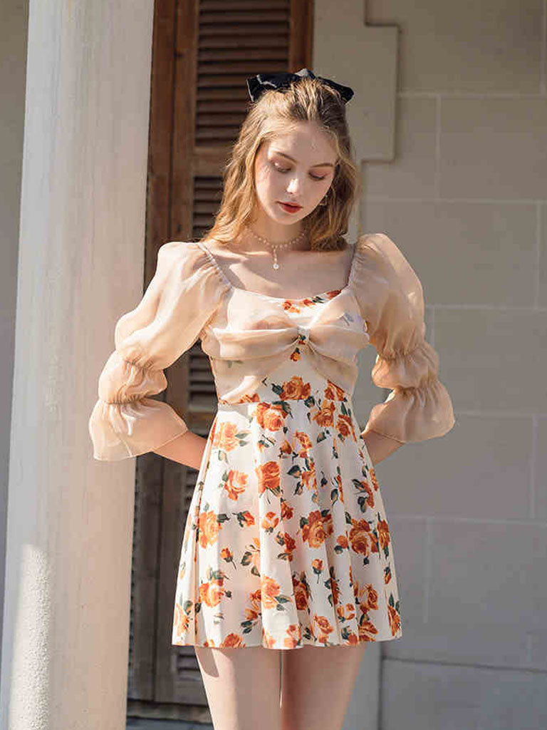 Rose Puff Sleeve Ballet Style Vintage One Piece Swimwear