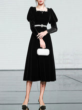 Load image into Gallery viewer, Black Square Collar Puff Long Sleeve  Vintage Velvet Dress